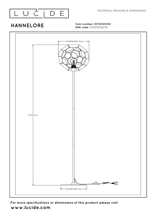Lucide HANNELORE - Lampadaire - Ø 30 cm - 1xE27 - Or Mat / Laiton - technique